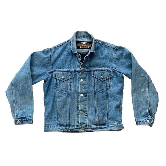 Harley Davidson Motorcycles Men’s Small Blue Denim Jacket Eagle Vintage 90’s - Picture 1 of 16